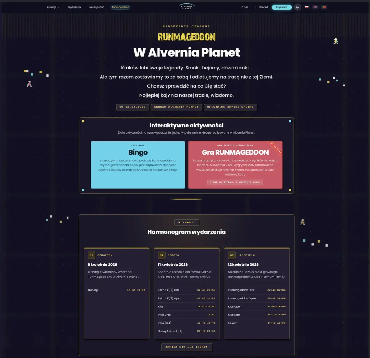 Pełny zrzut landing page'a Runmageddon w Alvernia Planet